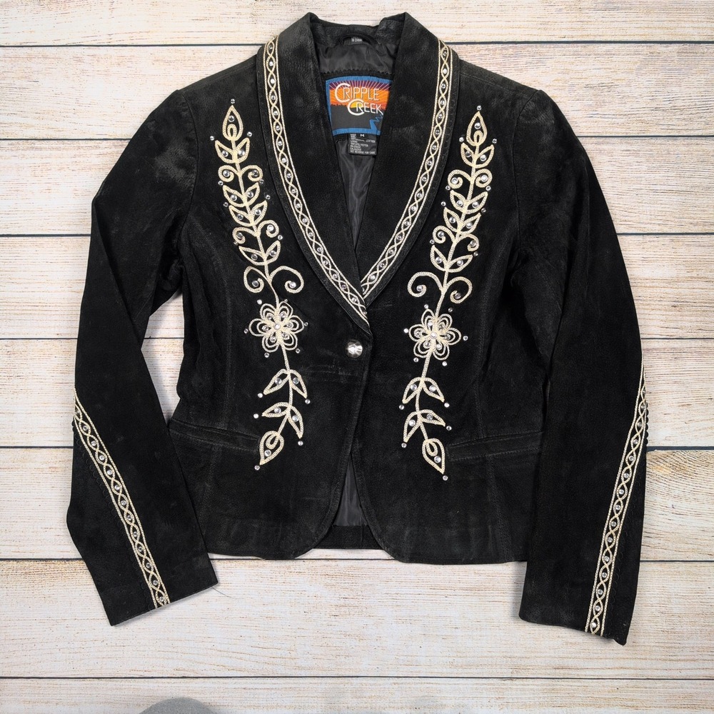 VTG Cripple Creek Jacket Black Suede Rhinestone‎ Western Cowboy Womens M Boho